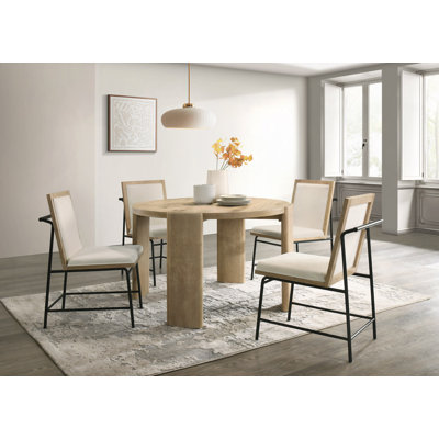 Orval Bowen Oak Finish 47" Round Dining Table Set With Cream Color Upholstered Chairs