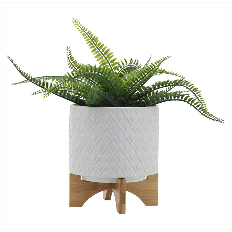 8" DIAMOND PLANTER W/ STAND, WHITE