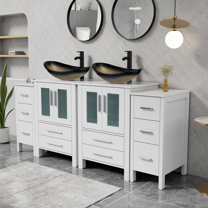 Ensemble de meuble-lavabo à double cuve avec lavabo vasque, comptoir en bois manufacturé, robinet et drain Sharee, Champagne