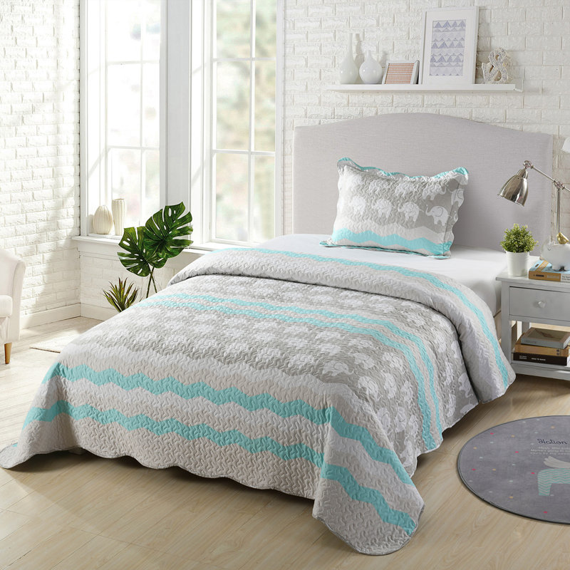 Twin Gray and Aqua Microfiber Kids Quilt Set