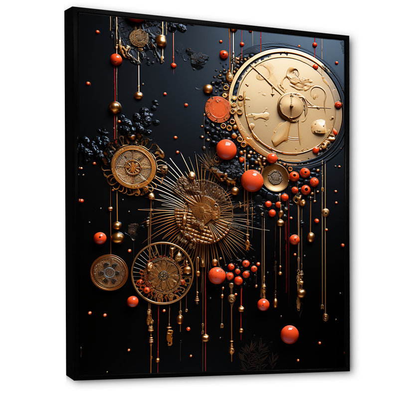 "Abstraction en spirale dorée et noire", H 40 po x l 30 po x P 1,5 po, Cadre flottant noir