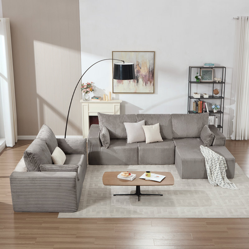 Ensemble de salon modulaire 6 pièces avec canapé modulaire en forme de L et sans causeuse, Velours côtelé gris pâle