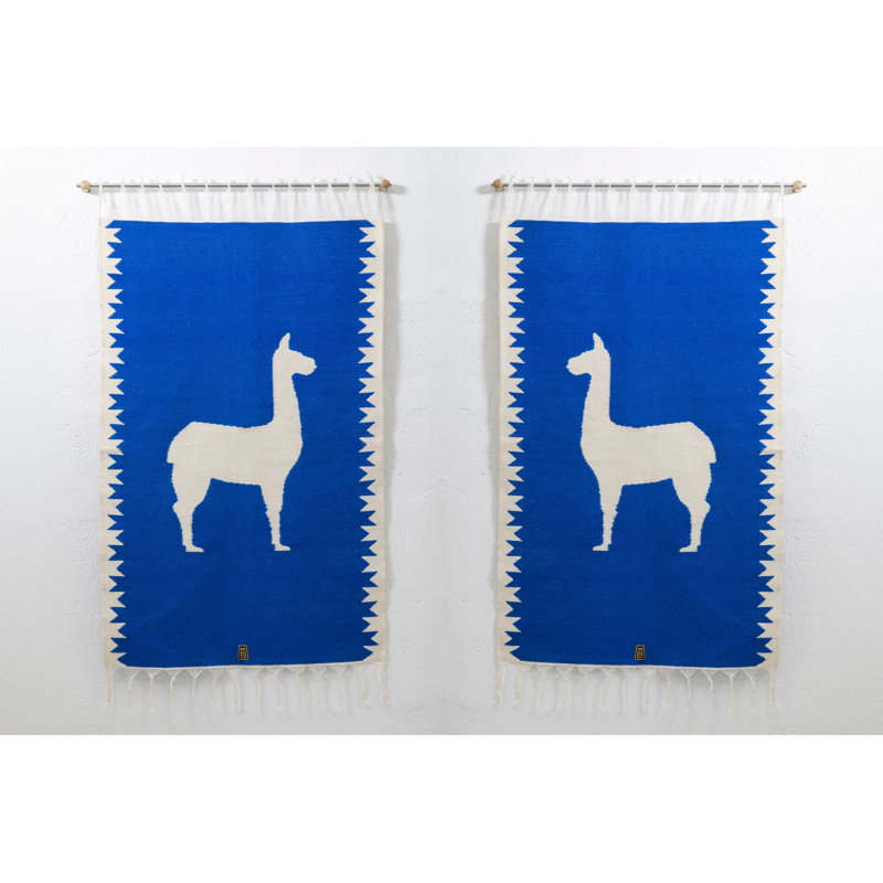 Llamas Sheep Wool Handwoven Tapestries, Aged Bronze Wall Mount, Terracota, Set Of 2, Lapis Blue