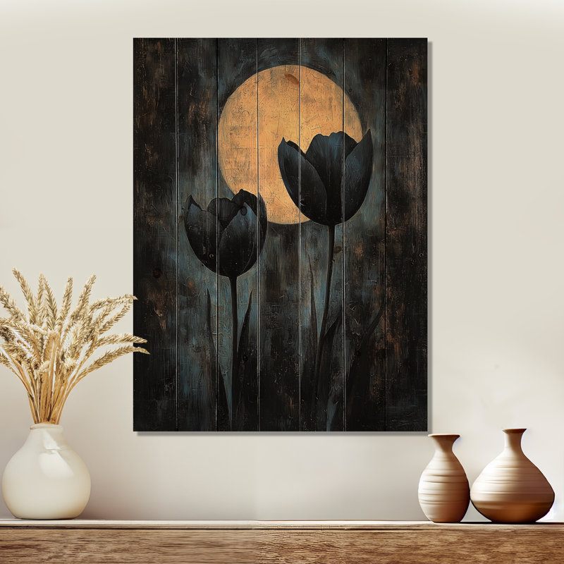 Tulipes noires, jaunes et pleine lune - Impression sur bois de tulipes - sur bois de pin naturel