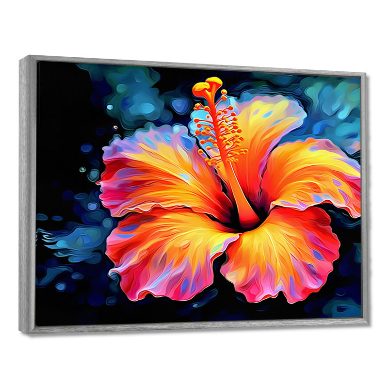 Hibiscus vibrant dans l'allure tropicale - décoration murale hibiscus, H 16 po x l 32 po, Encadrement argenté