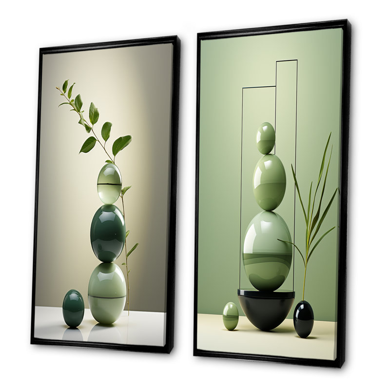 Green Zen Spiritual Stone I - Ensemble de 2 décorations murales en pierre spirituelle, H 40 po x l 41 po, Cadre flottant noir