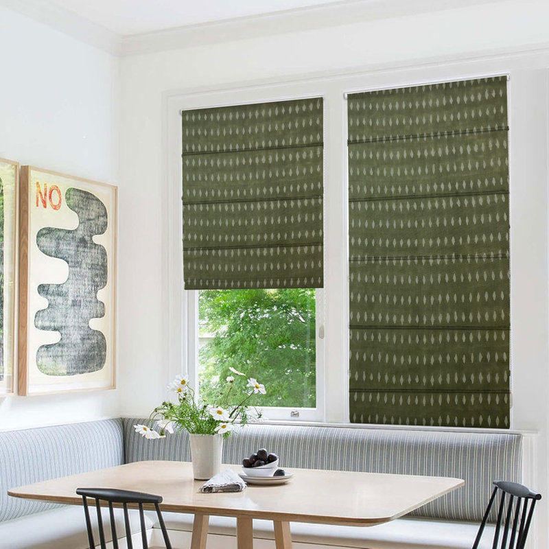 Fabdivine Geomatrical, Black Handmade 100% Blackout Block Print Thick Linen Roman Shade for French Doors, Corded Windows Blinds, Room Darkening and Window Treatments, Omji