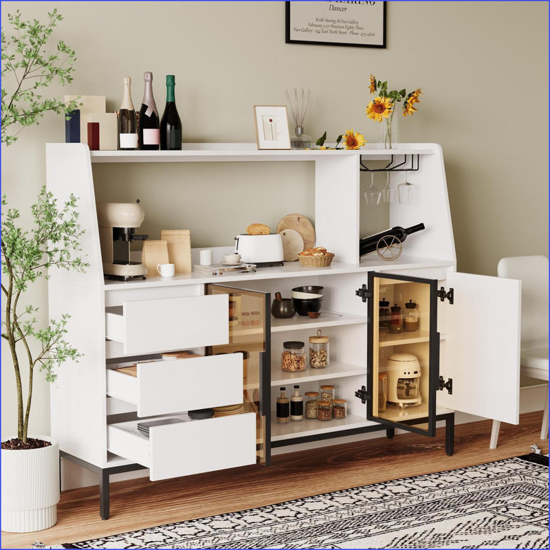 Table basse en métal avec 3 tiroirs Porte vitrée, rangement multifonctionnel pour le vin et les décorations