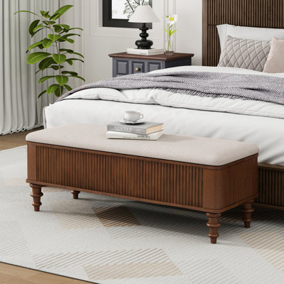 Banc de rangement avec repose-pieds en bois d'hévéa massif de 50,8 po avec siège en lin, banc de rangement pour chambre à coucher, range-chaussures pour chambre à coucher, salon, vestibule, garde-robe