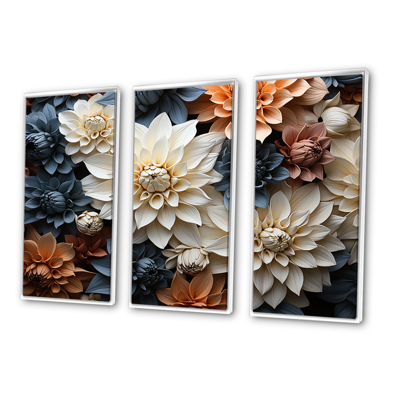 Mums In Stormy Grey Tones - Ensemble de décoration murale Mums, H 40 po x l 60 po x P 1 po, Cadre flottant blanc