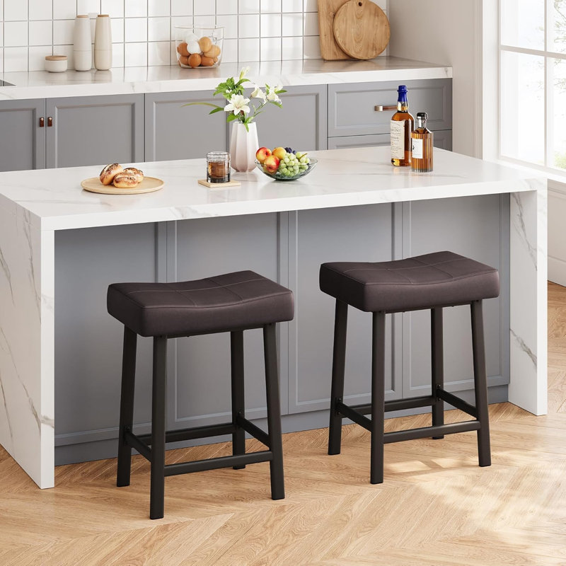 24'' Counter Height Bar Stools Set of 2 – Backless Upholstered Saddle Seat, Padded Curved PU Leather Cushion, Easy Assembly, Black Frame & Brown Cushion, 2PACK
