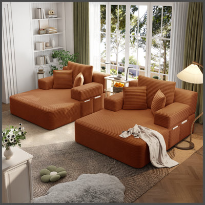 Très grand canapé-lit double moelleux en velours côtelé, canapé-lit convertible avec poches de rangement, 3 coussins moelleux, canapé sans cadre multifonctionnel pour appartement, cinéma maison, dortoir, orange