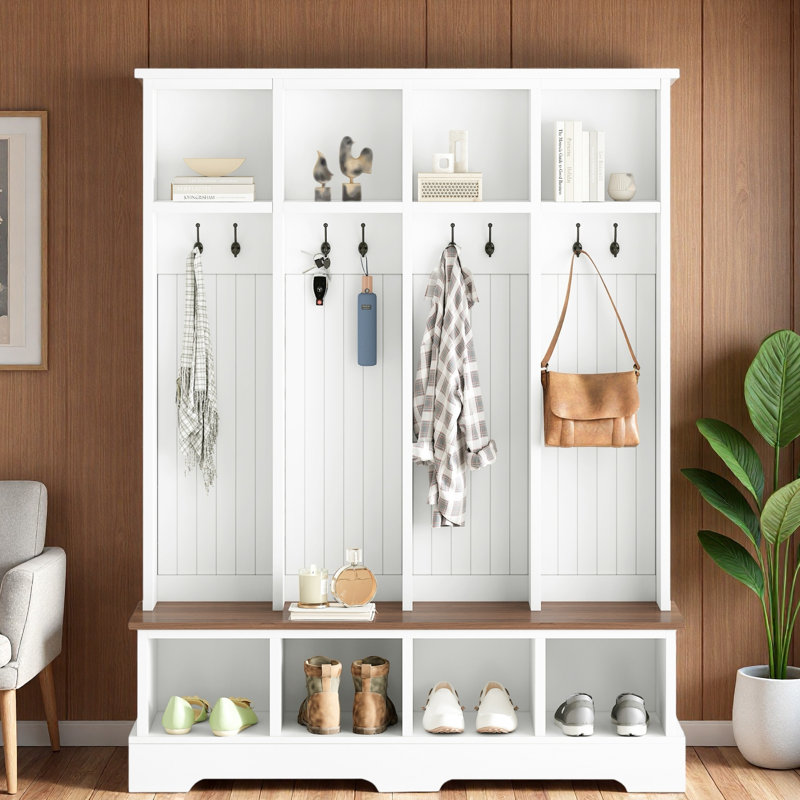 Farmhouse Wide Hall Tree With 8 Hooks, Bench And Open Compartments, White