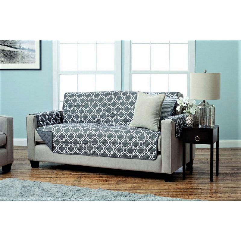 Housse pour canapé à coussins carrés/rectangulaires réversible, Polyester gris / blanc
