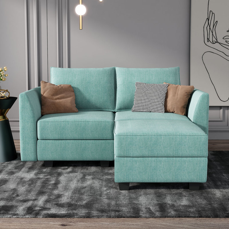Upholstered L-Shaped Sectional Reversible, Blue Polyester