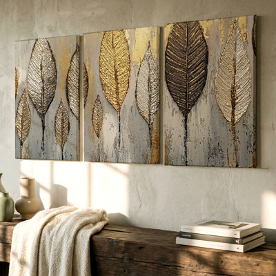 3 Pieces Abstract Leaf Large Wall Art in Gold and Silver Tones, Three Pieces Wall Art for Living Room, Bedroom, Office, and Home Decor, Ready to Hang