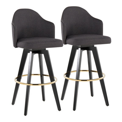 Tabouret de bar à hauteur fixe avec pivot en bois noir et tissu gris anthracite avec repose-pieds rond en métal doré - ensemble de 2
