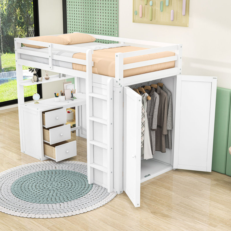 Lit mezzanine avec bureau, tiroirs et garde-robe, Simple, Blanc