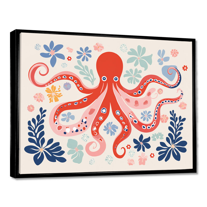 Illustration rétro de la pieuvre rouge océan profond - pieuvre / calmar, Toile flottante noire encadrée, H 34 po x l 44 po