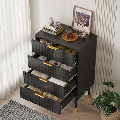 Black Fluted Nightstand with 4 Drawers, Modern Bedside Table with Gold Legs & Handles, Tall Dresser Chest for Bedroom, Living Room & Home Office