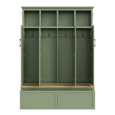 Modern Farmhouse Hall Tree with Storage Bench 4 Cabinets 2 Drawers and 6 Hooks for Entryway Mudroom