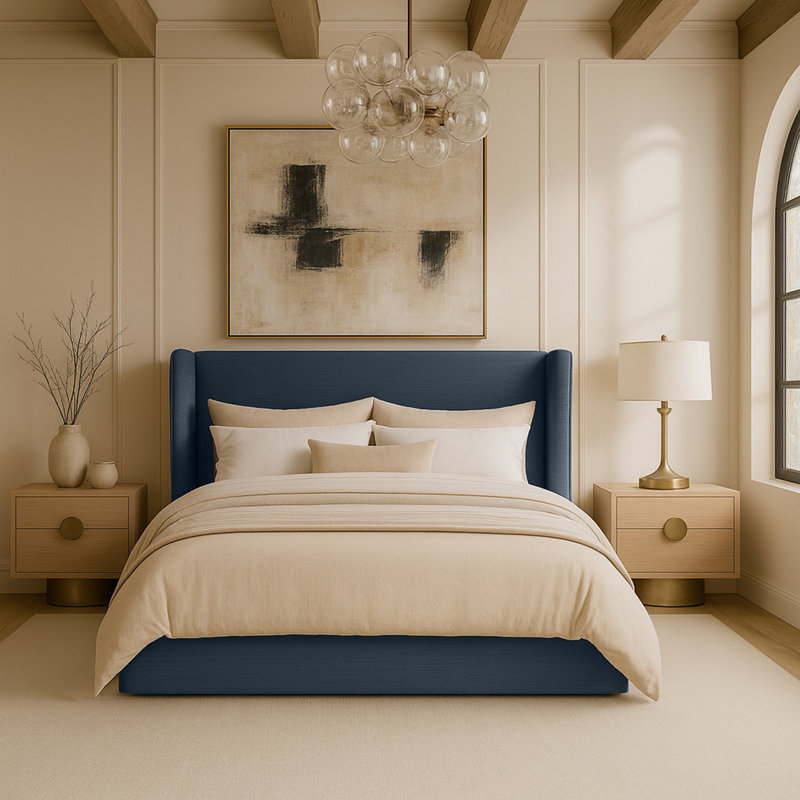 Kendall Wanaque Linen Textured Fabric Upholstered Bed, Navy Linen Textured Fabric, King