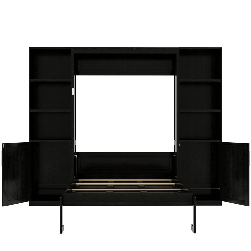 Grand lit escamotable en bois avec tablettes et armoires de rangement, noir, Black