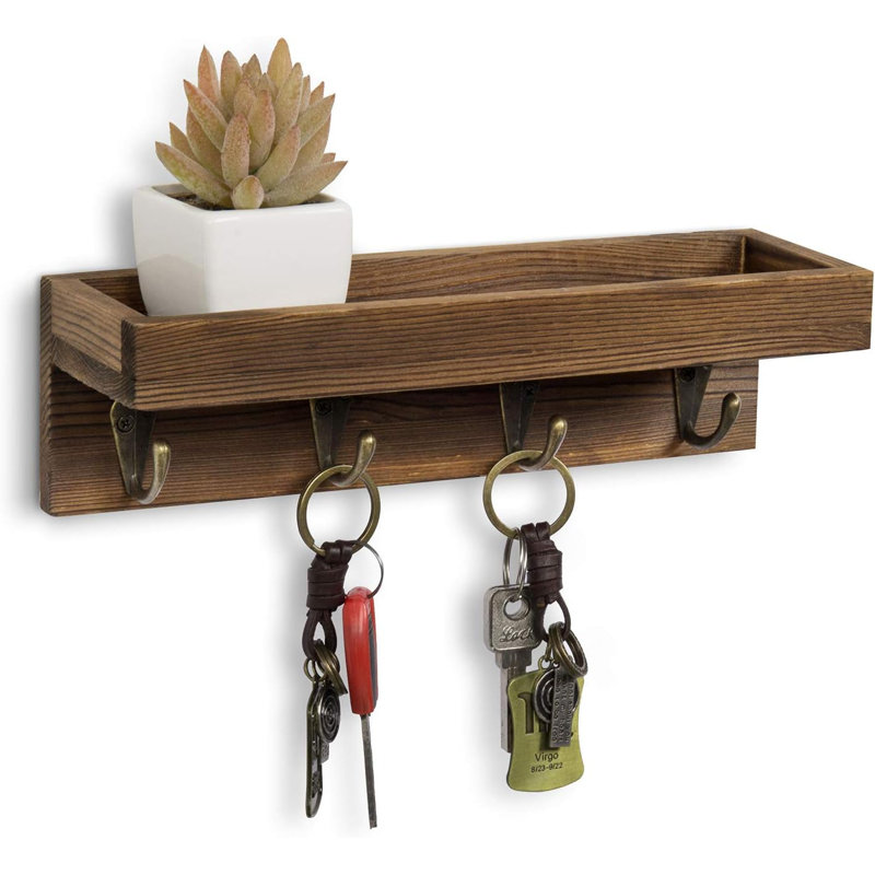 Solid Wood Wall Organizer with Key Hooks, Brown