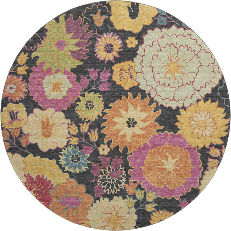 Tapis floral lavable à la machine de qualité supérieure Mayfield, Rond 8 pi, Noir