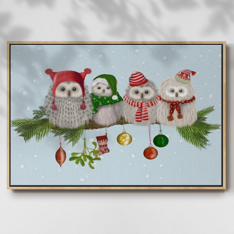 «Christmas Fluffy Christmas Owls On Branch», reproduction sur toile, Encadré naturel, H 25 po x l 37 po x P 1,5 po