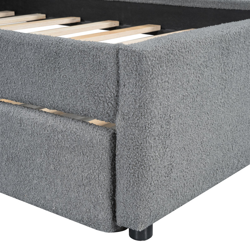 Lit plateforme tapissier gris avec lit gigogne