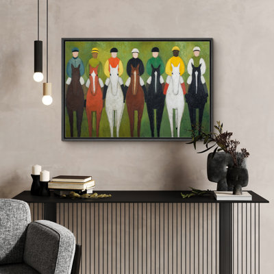 Racing Jockeys and Horses Lineup on Green Field Art - Pictures Framed Canvas Print Wall Art