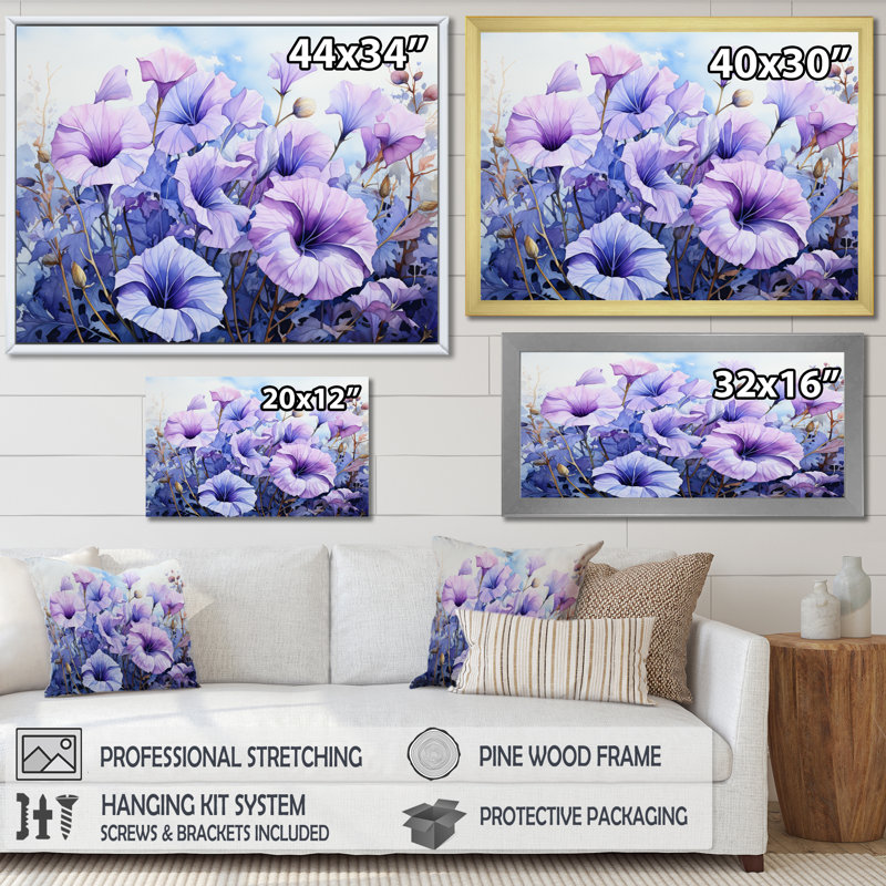 " Purple Morning Glory Graceful III ", Cadre flottant doré, H 12 po x l 20 po x P 1 po