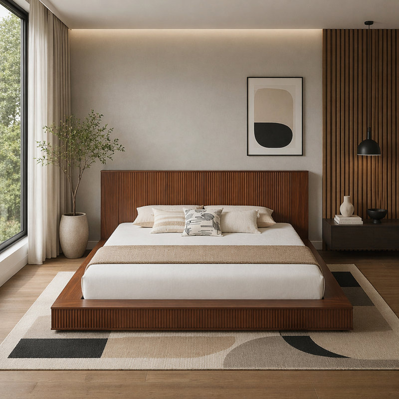 King Size Solid Wood Platform Bed Frame with Storage Drawers and Vertical Fluted Headboard, Low Profile Japandi Bed, Walnut, No Box Spring Required