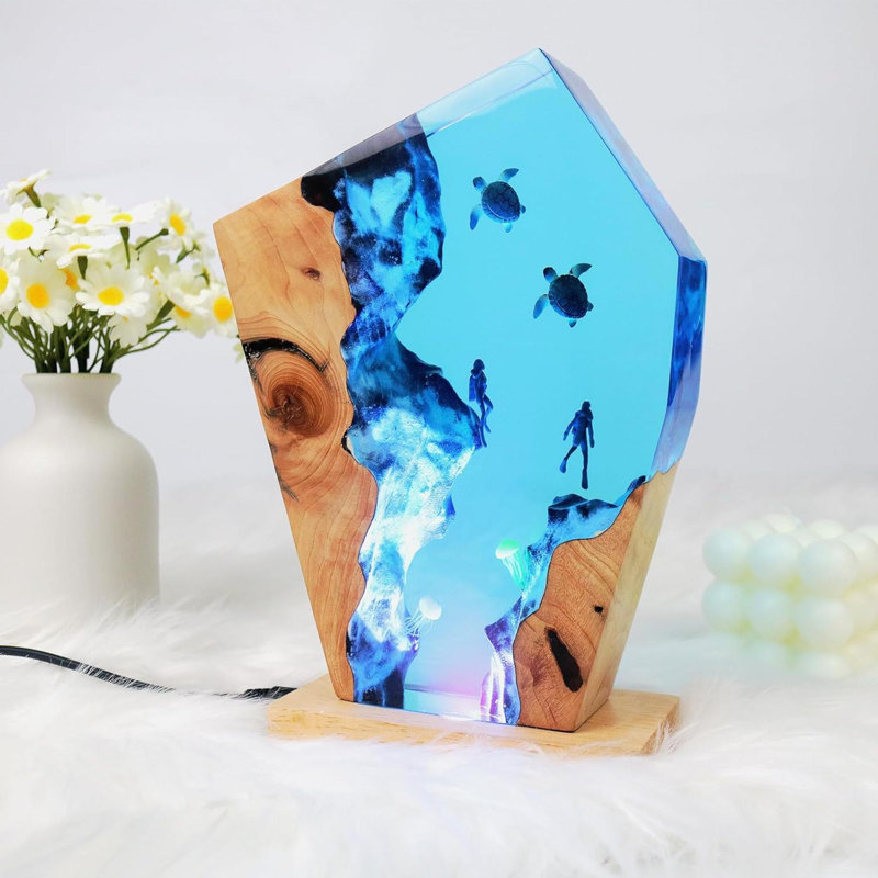 Epoxy Resin Sea Turtle Lamp Diver Ocean Lamp Handmade Home Decor Bedside Nightlight Unique Resin Lighting Nightstand Decorations For Bedroom Suitable For Holidays Sea Turtles & Divers