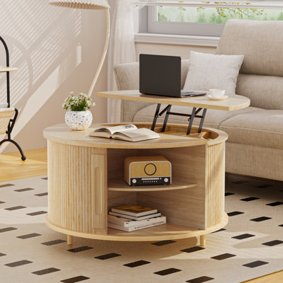 Round Coffee Table Lift Top with Storage and Sliding Door, 31.5" Mid Century Fluted Small Center Table for Living Room, Black by Latitude Run