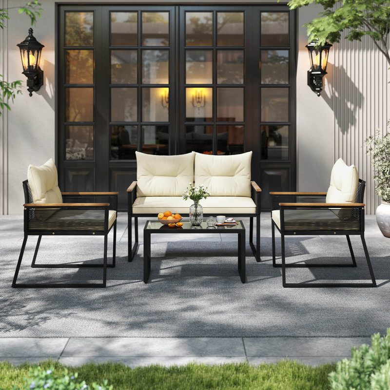  8 Pcs Patio Furniture Set With Tempered Glass Coffee Table Pe Wicker Rattan Chairs
