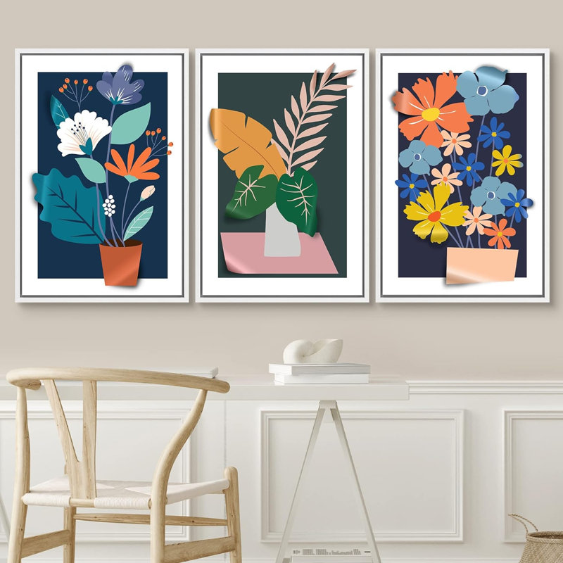 «Vibrant Jungle Garden Flower Plants Colorful Illustration Modern Art Decor Nordic Rustic» 3 pièces, Blanc