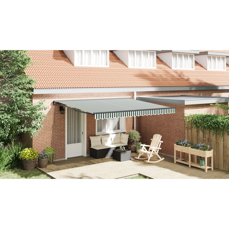 Longshore Tides Retractable Patio Awning, 400 cm W x 350 cm D, Green/White Striped