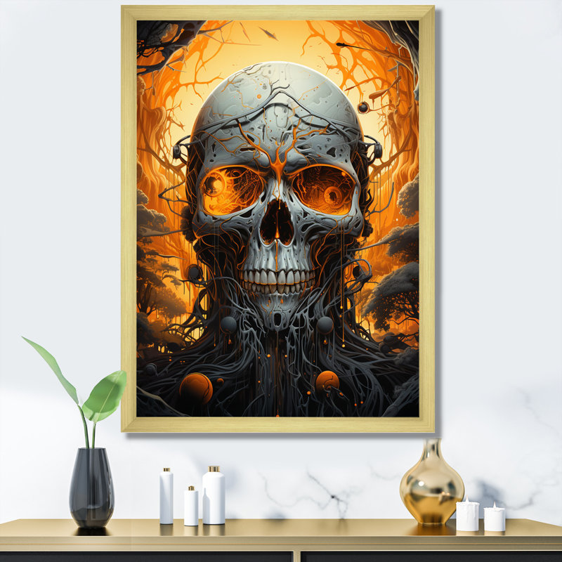 Tête de mort souriante pleine lune d'Halloween - impression, H 44 po x l 34 po x P 1,5 po, Cadre doré simple