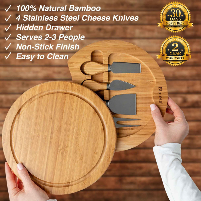 Bamboo Cheese Board and Knife Set 10inch Diameter