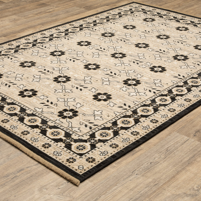 Tapis en laine beige / noir Kuester Traditonal, Rectangle 3 pi 3 po x 5 pi