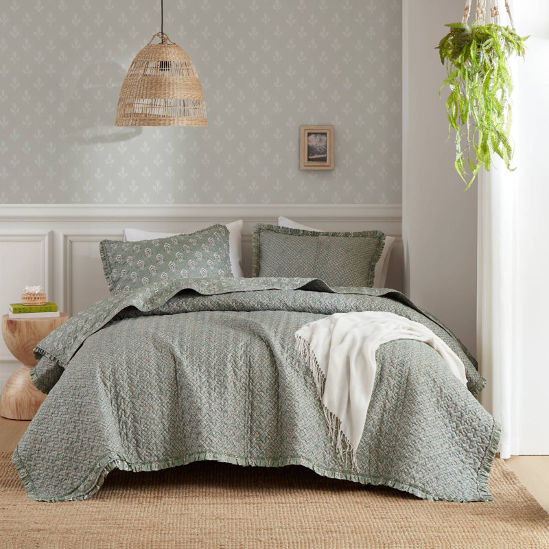 Ensemble de courtepointe 3 pièces Lin / Sage Green Ruffle, Vert sauge, King/Cal King Coverlet/Bedspread + 2 King Shams