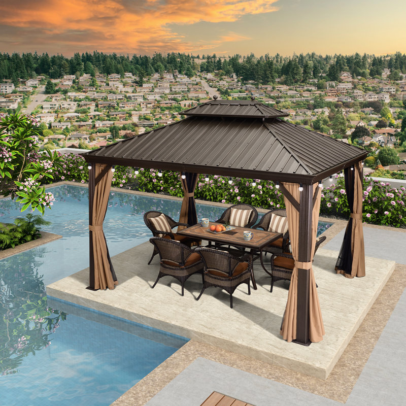 PURPLE LEAF Hardtop Gazebo 10' X 12' with Netting and Curtains Patio Gazebos with String Lights
