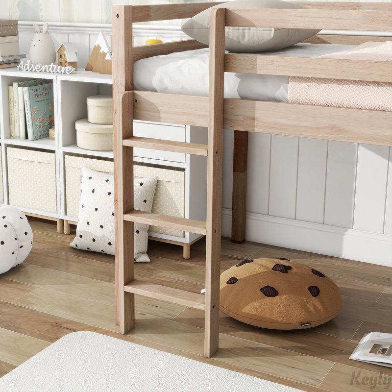 Rubber Wood Low Loft Bed with Slide, White Oak