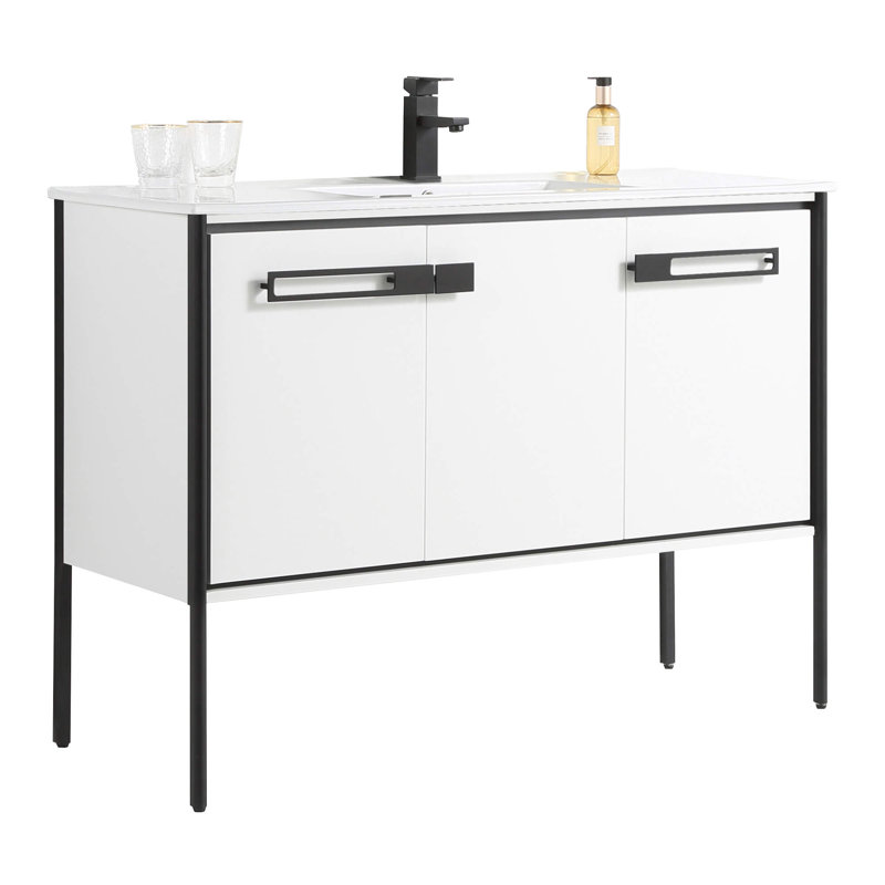 48" Single Bathroom Vanity, White Matte, Matte Black
