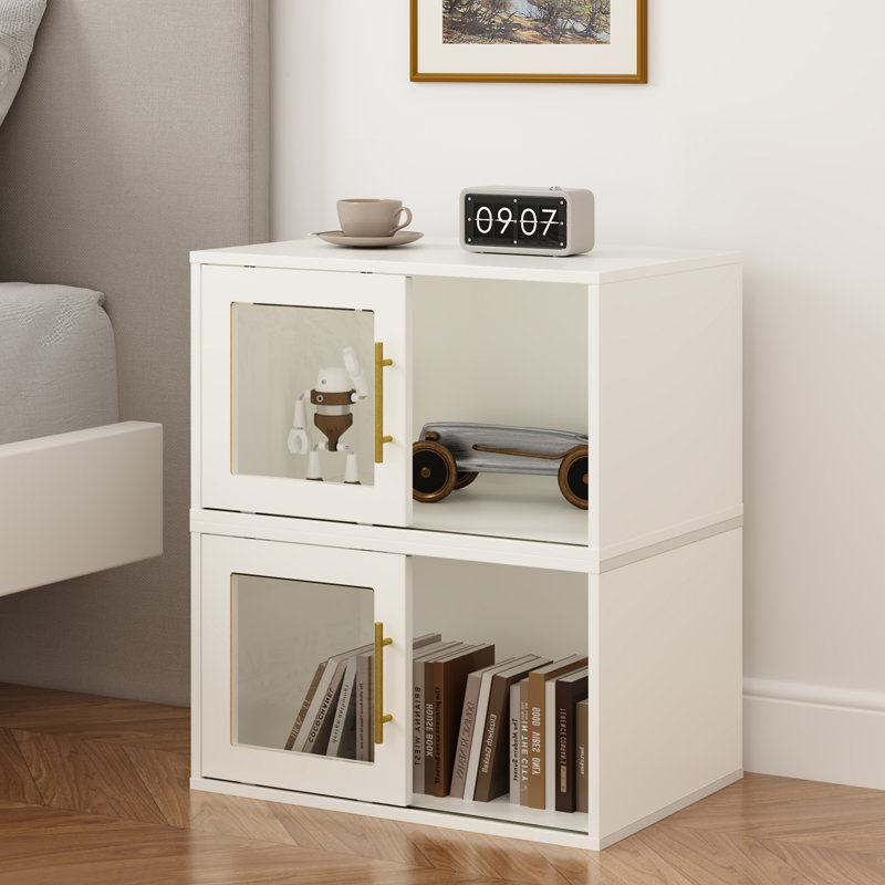 Adavia White Nightstand With Acrylic Door, 2 Pcs Stackable Cubby Storage Organizers