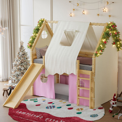 Full Size House Loft Bed with Slide, Ladder & Tent, Solid Wood Kids Loft Bed with Lights, No Box Spring, Natural+Pink