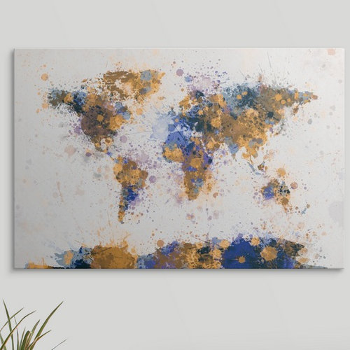 «World Map Paint Splash» par Francy, impression en jaune et bleu, H 32 po x l 48 po x P 1,5 po, Toile, Rouge / Bleu / Jaune