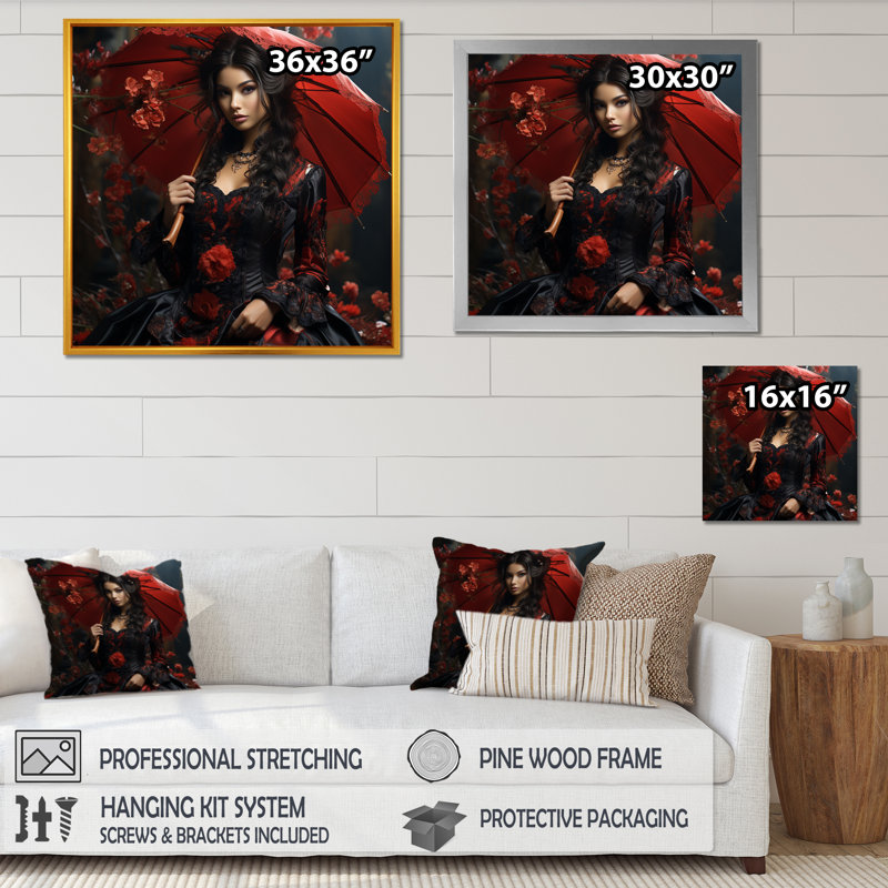 Rouge et noir victorien avec parapluie III - art mural victorien, Cadre simple noir, H 30 po x l 30 po x P 1,5 po